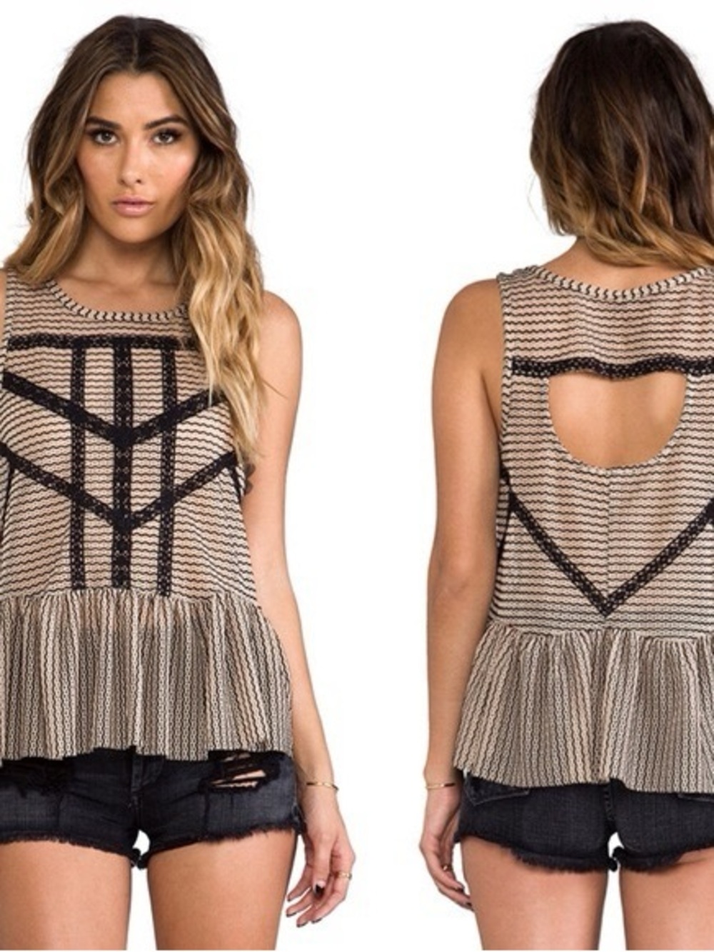 Free People Striped Chevron Peplum Tank in Beige and Black